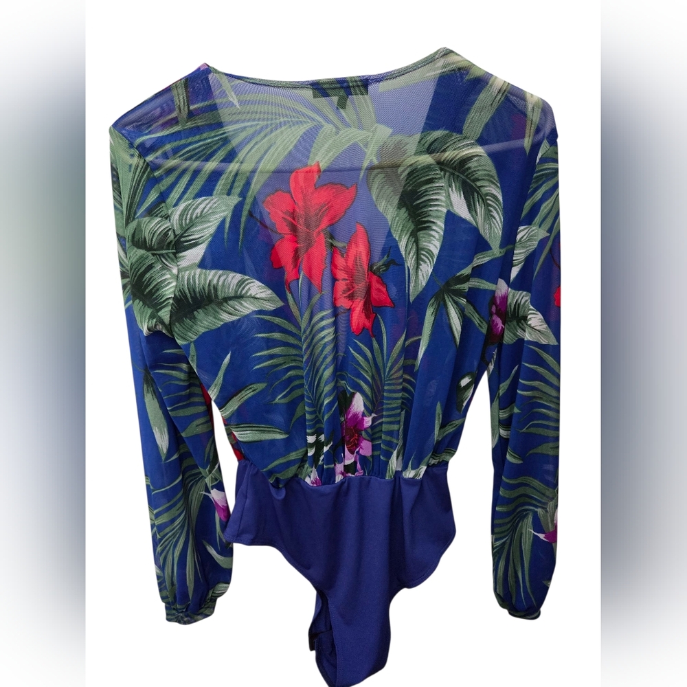 Discovery Clothing Company Blue Floral Mesh Bodysuit Size M - Picture 3 of 4